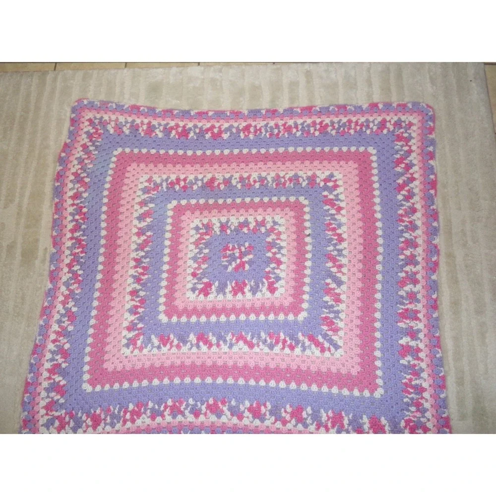 Hand Crochet Granny Square Blanket Afghan Throw Hot Pink Fuschia Purple 56x50